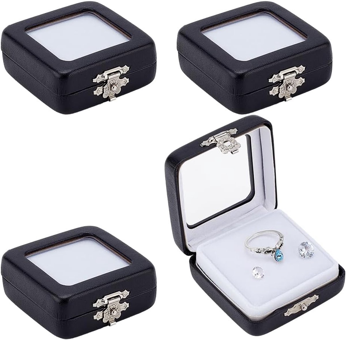SnelShoppen - Set van 4 Zwarte PU Leren Sieraden Display Dozen voor Kleine Juweeltjes, Rectangulaire Houder voor Edelstenen en Diamanten, Perfect voor