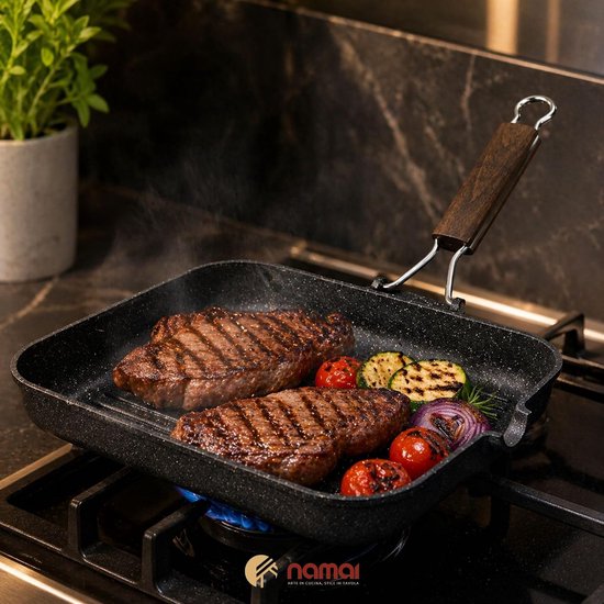 Grillpan Antiaanbak - Gegoten Aluminium Pan - Lekker Grillen Thuis - Inklapbare Handgreep - 35 x 25 cm - Zwart — afbeelding 3