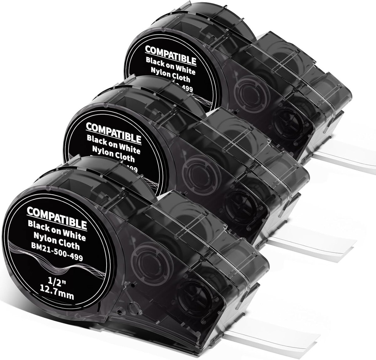 SnelShoppen - 3-Pack Label Tape M21-500-499, Zwart op Wit | Permanente Zelfklevende Nylon Stoffen Labels, 12.7mm x 4.88m, Compatibel met BMP21PLUS | P