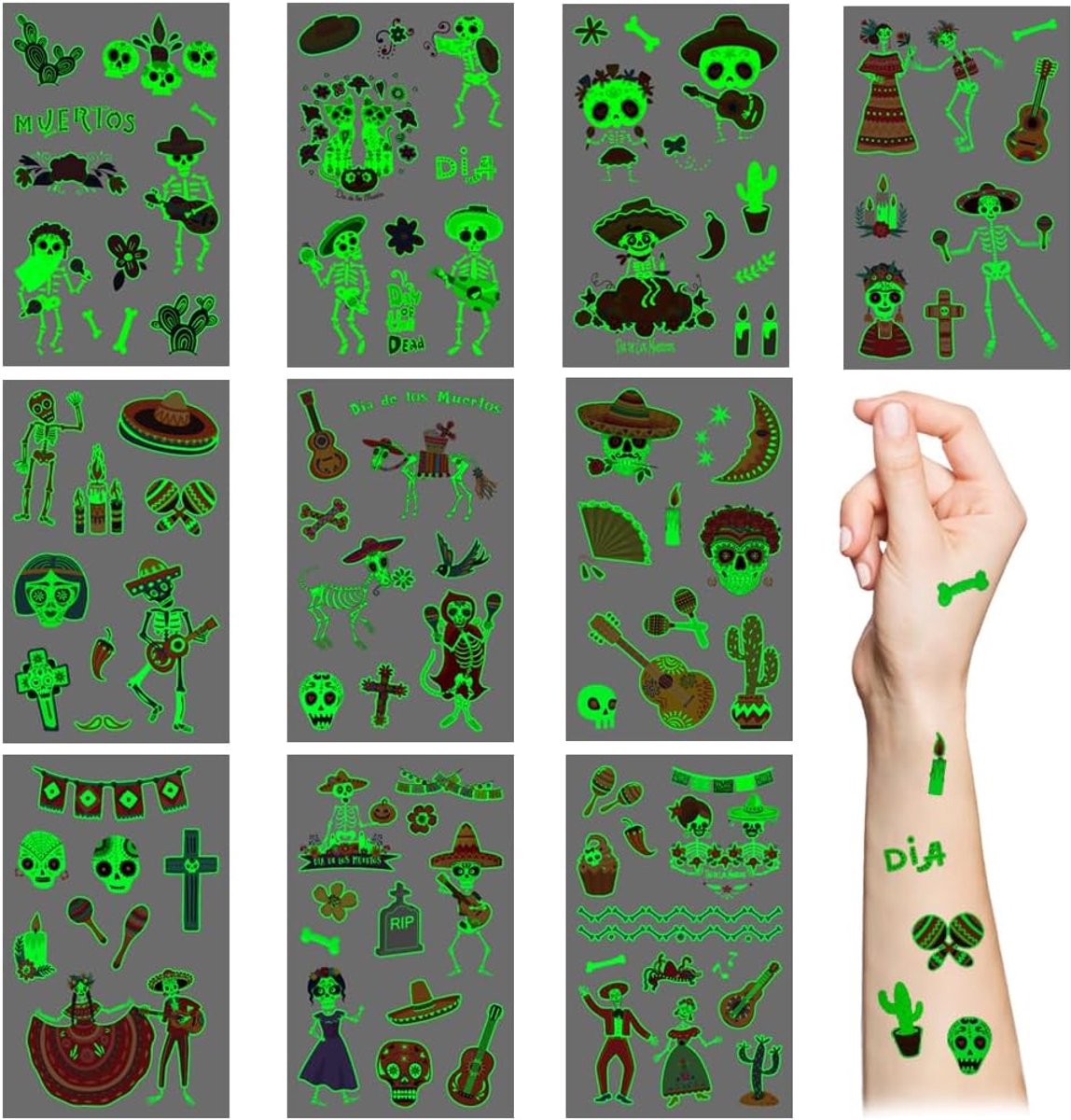 Tatoeagestickers set - lichtgevende suikerschedel en cactus - 10 vellen voor Halloween-feest - ShopVlot