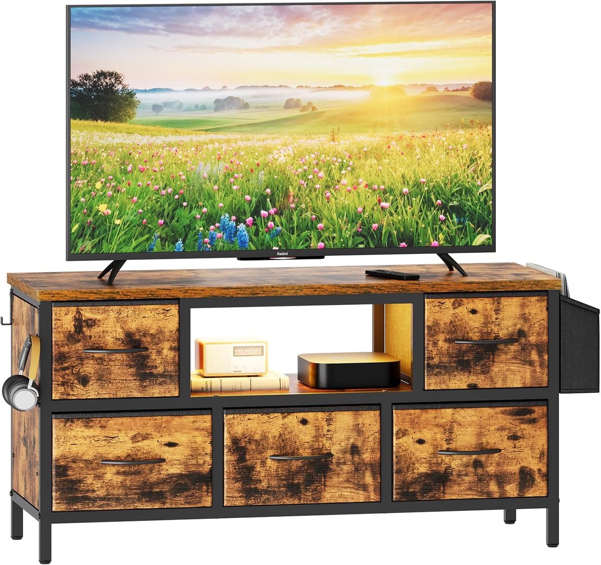 Home & Beyond® TV-Meubel Lowboard voor 43 Inch met 5 Lades en RGB LED-Verlichting - Bruin - 100 x 35 x 50 cm