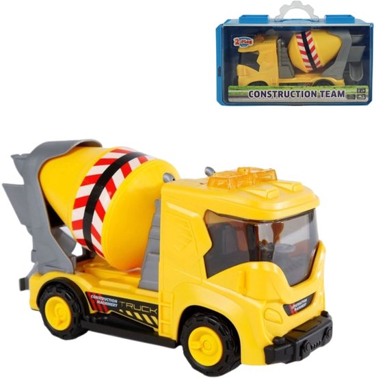 Gele betonmixer speelgoed vrachtwagen met grijze en witte strepen op de trommel. Grijze details op de achterkant van de trommel en op de cabine.