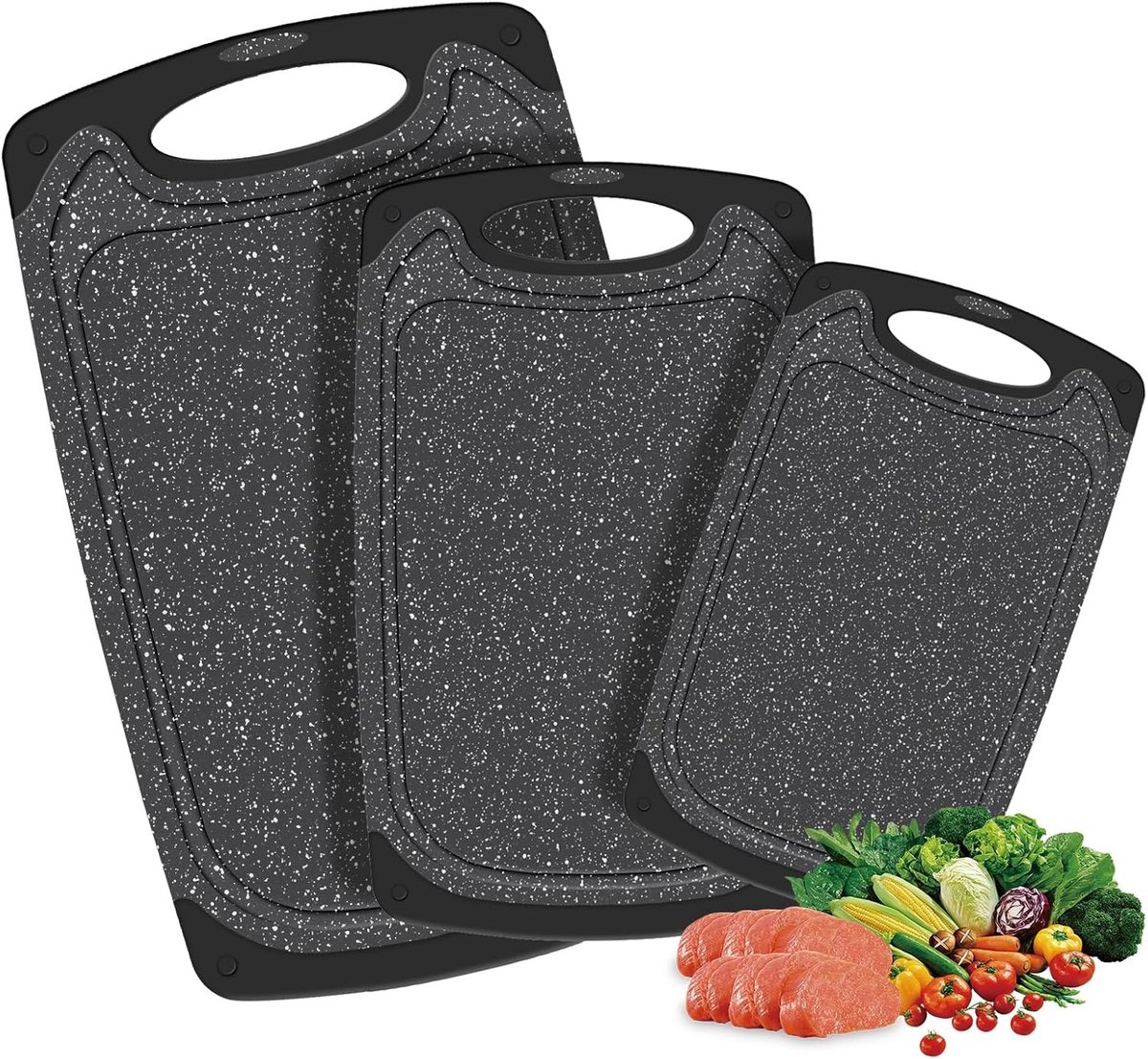 Snijplanken Set - Zwart Marmer - 3 Stuks - BPA-vrij Kunststof - Voor Vlees, Groenten, Brood en Fruit