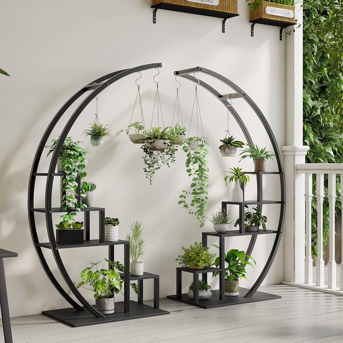 Metalen Plantenstandaard - 5 Niveaus - Halve Maan & Ladder Design - Inclusief 4 Ophanghaken - 120 x 40 x 142 cm - Zwart - Voor Binnen & Buiten