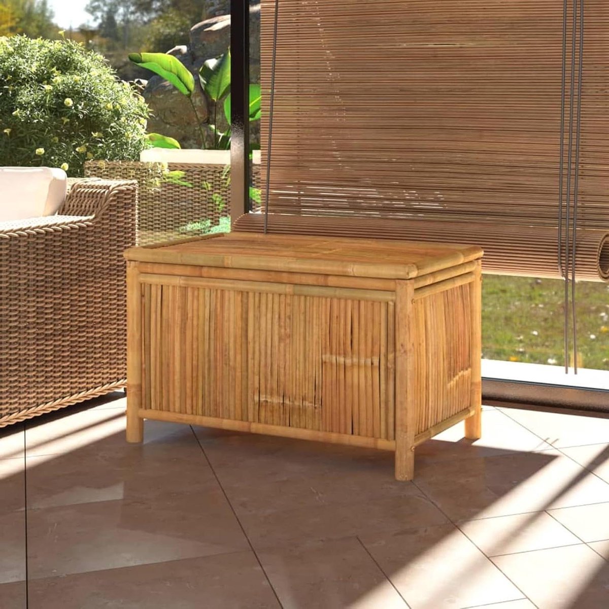 Tuinopbergbox Bamboe - Opbergkast Tuin - Tuinspullen Opbergen - Ventilatie met Lamellen - 90 x 52 x 55 cm - Natuurlijk