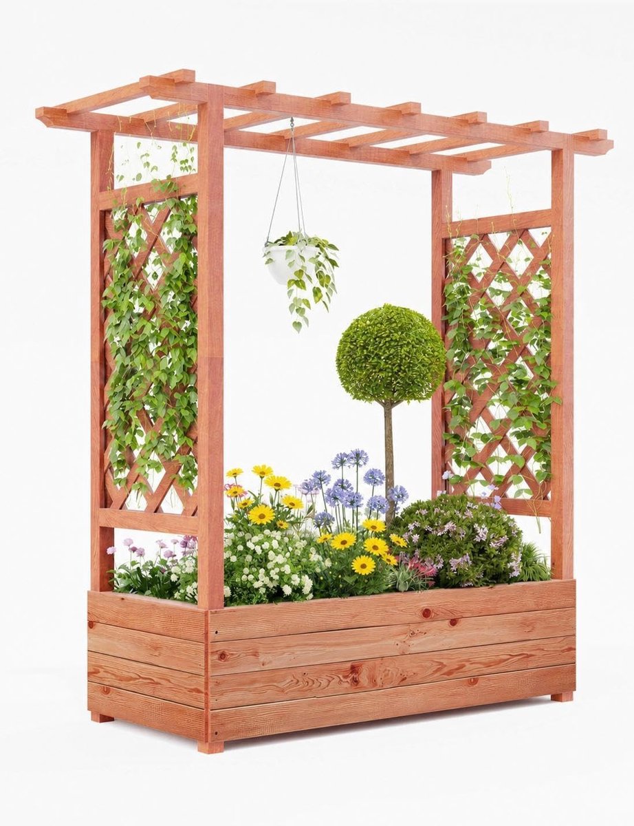 Houten Kweekbak op Poten met Trellis & Dakje - 110 x 44 x 113.5 cm - Verhoogde Plantenbak voor Klimplanten, Bloemen & Groenten - Oranje-Bruin