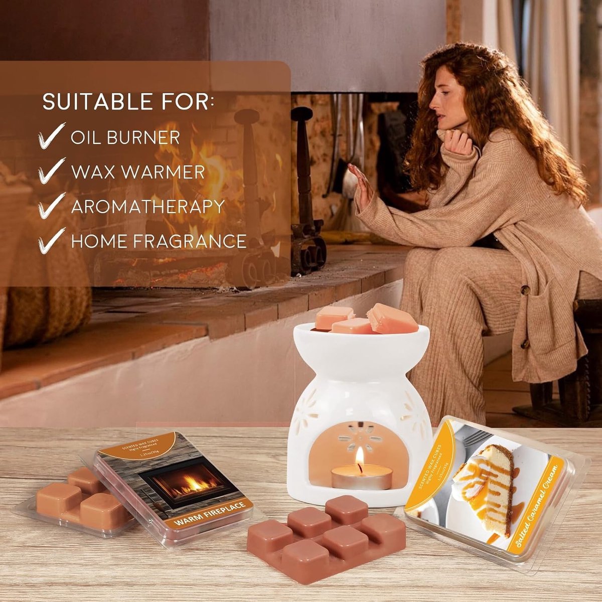 Fragrance Wax voor Geur Lamp, 8 Stuks Geur Wax Cubes, Soja Wax Melt | Geurende Wax Cubes met Zoute Caramel en Warme Openhaard Geur, Ruimtegeur voor Kaarsenwarmer