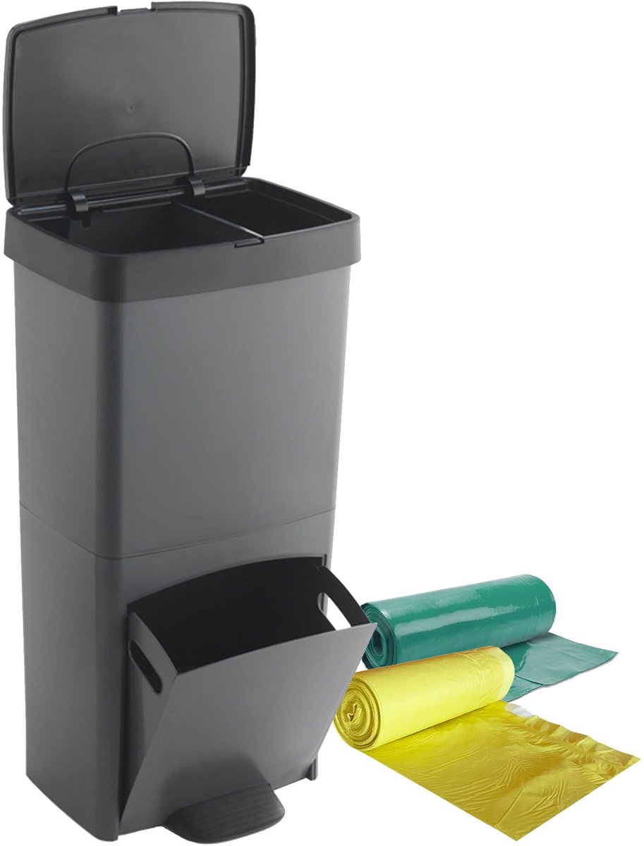 SnelShoppen - Afvalbak 70 L Verticale 2 Compartimenten Vuilnisbak 76 cm met Bijpassende Afvalzakken 30 + 40 L Grijs voor Keuken, Tuin, Feest