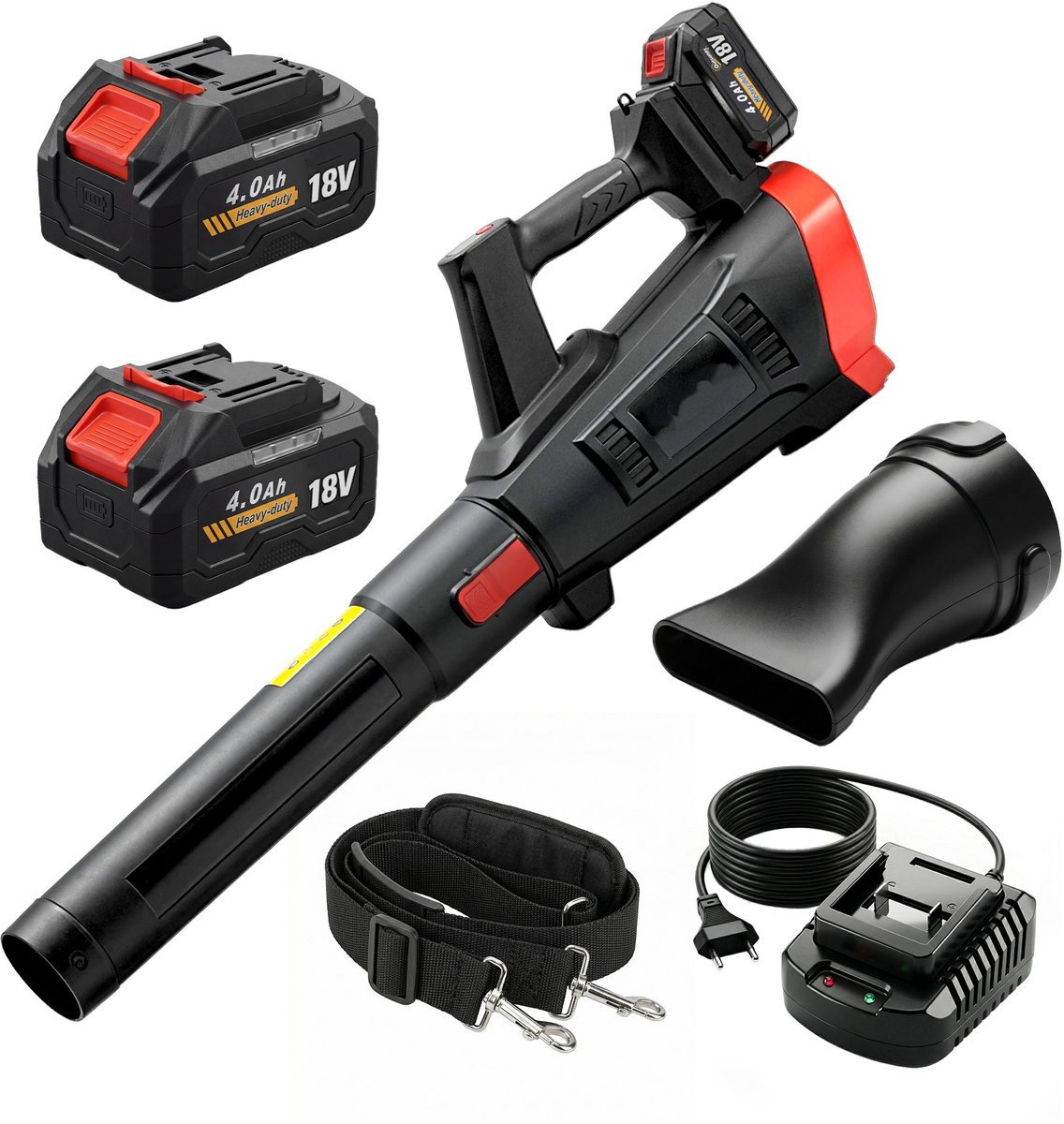 TEKROA® Accu Bladblazer 18V - 3 Snelheden - Luchtsnelheid 250 km/h - Luchtvolume 13,1m³/min - Inclusief 2x 4.0Ah Accu & Lader - Borstelloze Motor 600W - 2 Blaasmonden - Zwart
