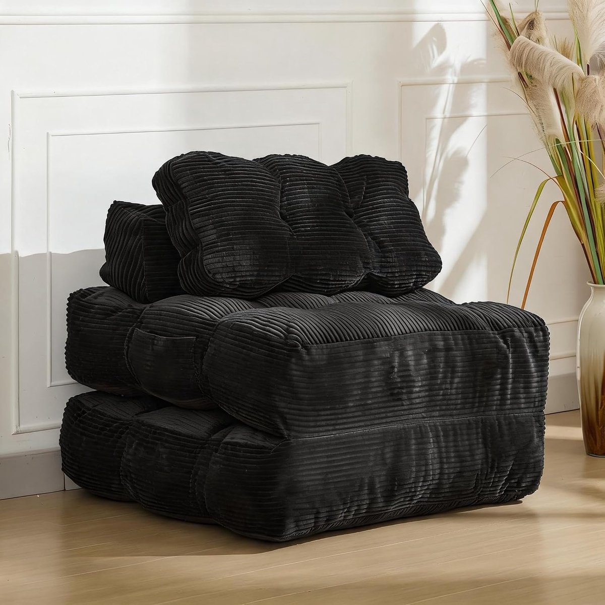 3-in-1 Slaapbank & Opvouwbare Fauteuil - Comfortabele Loungestoel met Kussen - Luxe Ribstof (Corduroy) - Wasbare Hoes - Ruimtebesparend Logeerbed - Zwart