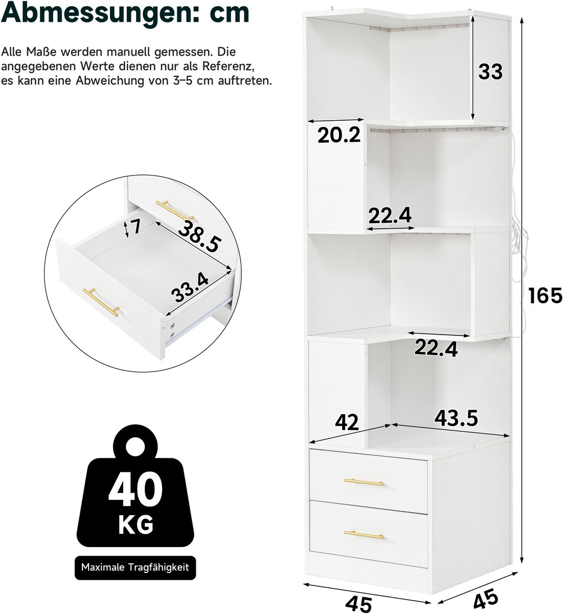 FloraGrace Hoekrek - Vrijstaand Hoekrek Met Ledverlichting En 2 Lades - Voor Woonkamer En Slaapkamer - Spaanplaat - Wit - 165X45X45 Cm