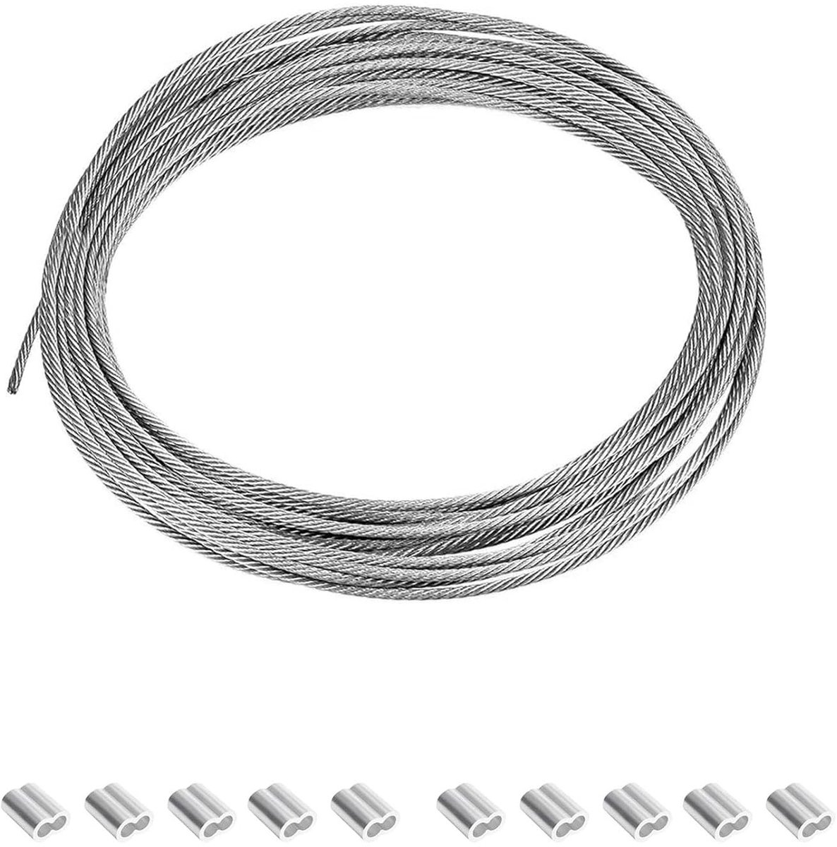 Roestvrijstalen Draadkabel - Zilver - 20 meter x 3 mm - Met PVC-coating en Aluminium Kabelklemmen - Voor Tuin en Doe-het-zelvers