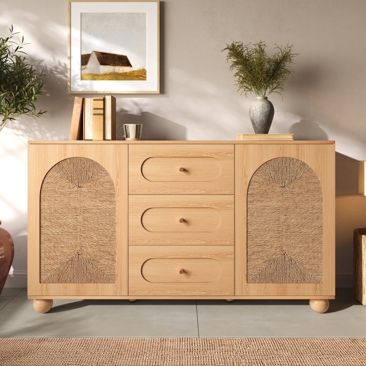 VVBV Dressoir - 140 x 40 x 80 cm, Naturel, met 3 Lades en 2 Deuren, Rotanlook, MDF & Spaanplaat, Veel Opbergruimte