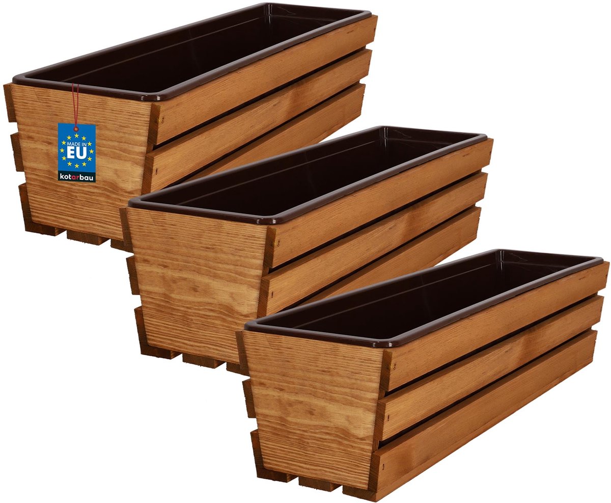 KOTARBAU® 3 Stuks - Houten Plantenbak - Bloembak Hout - met Kunststof Inzetstuk - Balkonbak - 60 x 18 x 15 cm - Eik - voor Terras - Balkon - Deko Planten