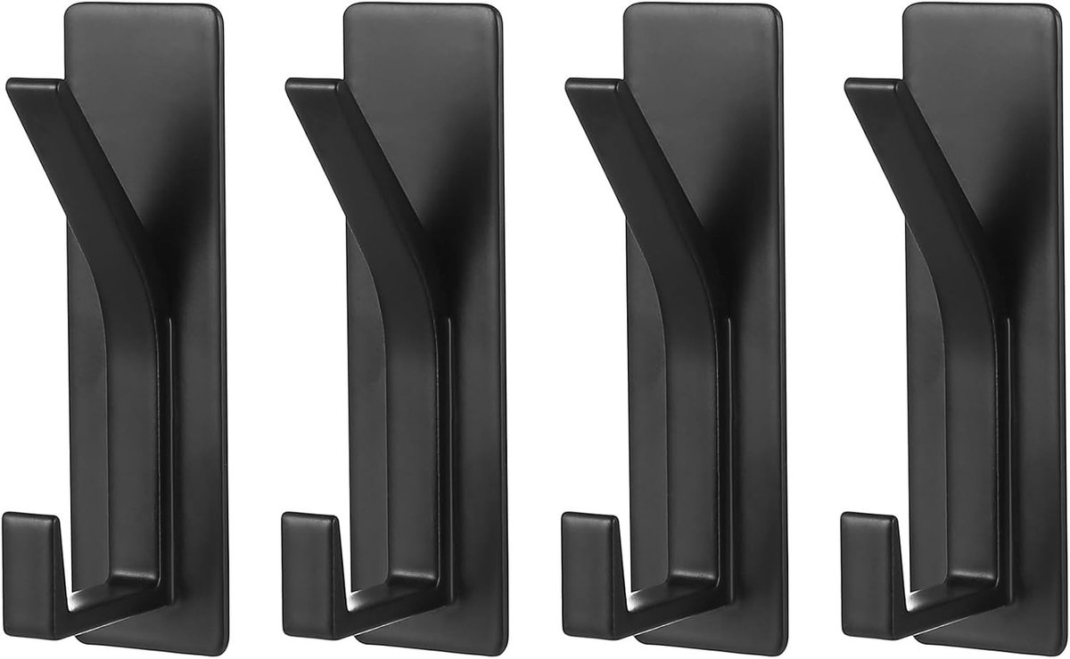 Set van 4 Zwarte Zelfklevende Haakjes van Metaal, Sterke Wandhaakjes voor Handdoeken, Kleding en Keukenaccessoires, Geen Boren Nodig