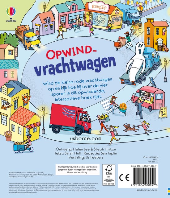 Boekomslag: Rode opwindvrachtwagen met 4 sporen, die over een weg rijdt met kinderen, huizen en winkels.