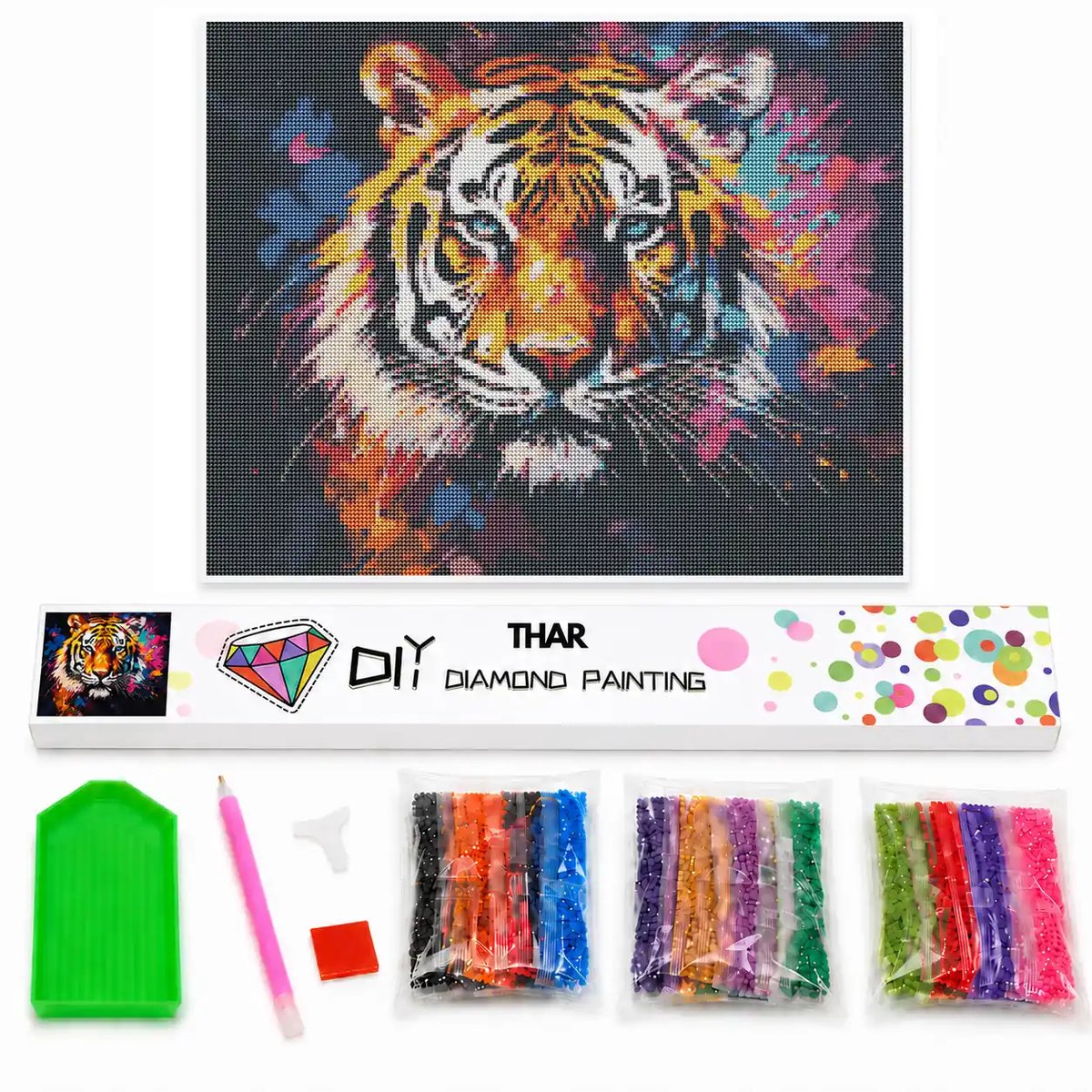 THAR Diamond Painting Kleurrijke Tijger - 40x50 cm - Ronde Steentjes