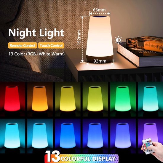 Nachtlampje met Afstandsbediening, Touch Dimbare Night Light met 13 kleuren en 3 modi& Timer, USB Oplaadbare Lamp voor Slaapkamer Kinderkamer, Timerfunctie, Draadloos van TEAMPD — afbeelding 5