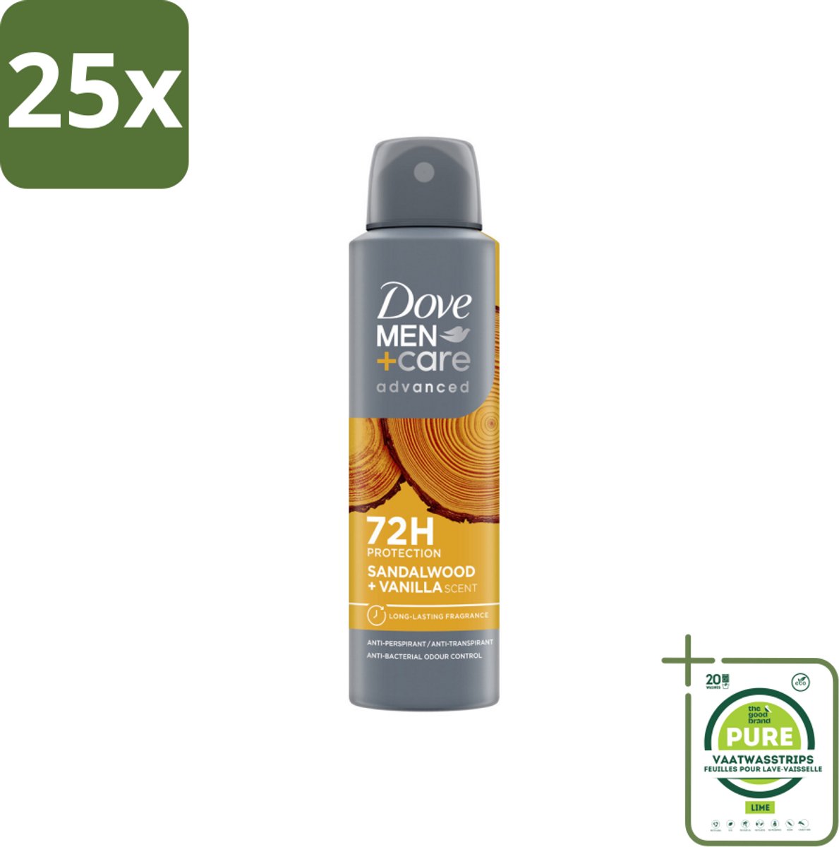 25 x Dove – Deodorant Spray – Men+Care Sandalwood & Vanilla – 150 ml - Grootverpakking - Anti-transpirant Spray - Deodorant Spray - Zweetbestrijding - Geur Van Sandelhout - Geur Van Vanille