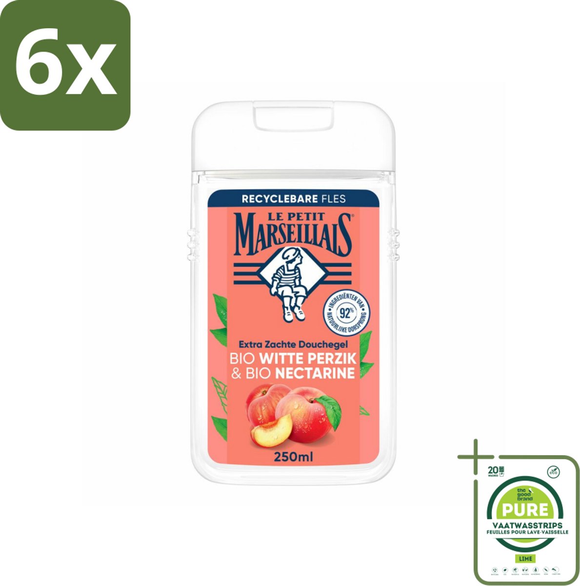 Le Petit Marseillais – Douchegel – Bio Perzik & Nectarine – Verfrissend – 250 ml - Voordeelverpakking - 6 stuks - Douchegel bio perzik en nectarine - Frisse douchegel