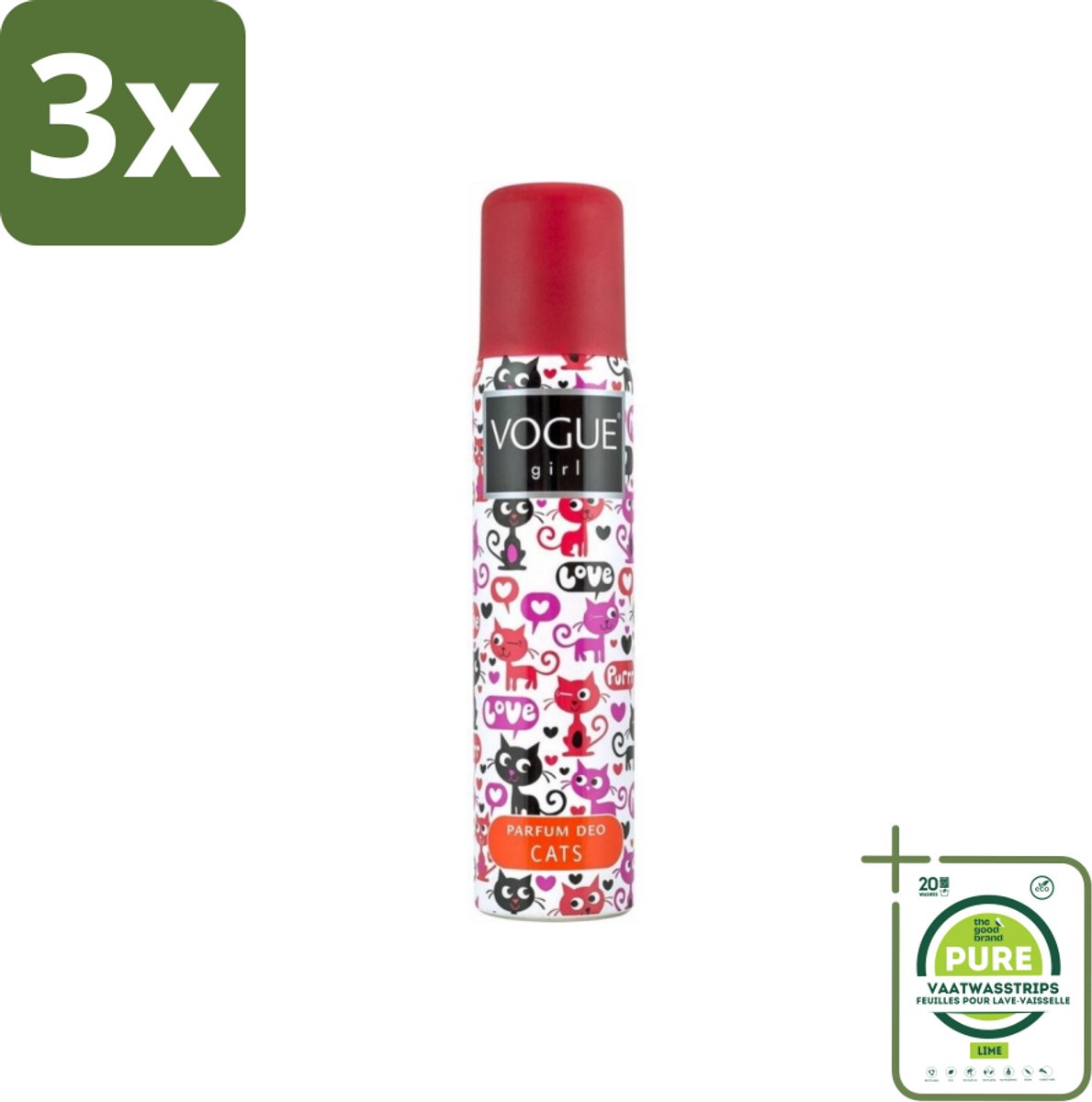3 x Vogue - Deodorant - Girl - Parfum Cats – 100 ml - Grootverpakking - Parfum Deodorant - Witte Chocolade - Jasmijn - Frisheid - Body Mist