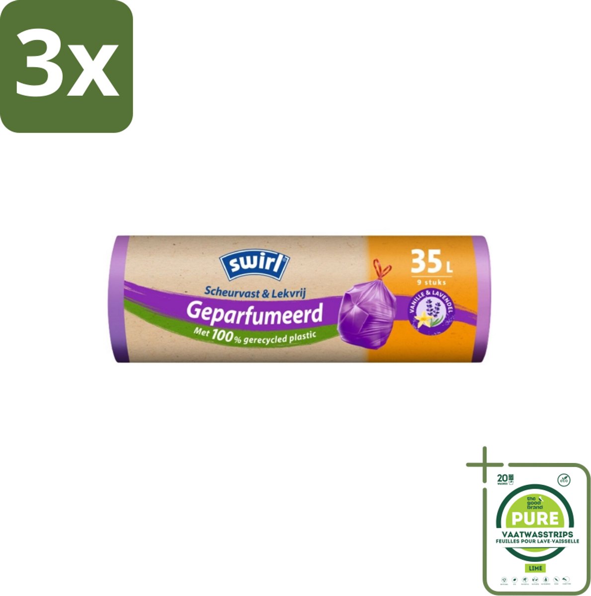 3 x Swirl – Pedaalemmerzakken – Trekband Geparfumeerd Vanille & Lavendel – 35 L – 9 zakken - Grootverpakking - Keuken - Geur - Pedaalemmerzak - Trekband - Vanille