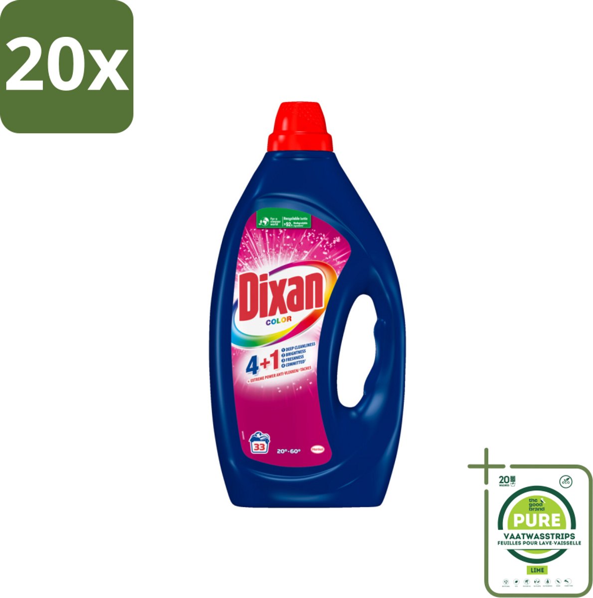 20 x Dixan - Vloeibaar wasmiddel - Voor gekleurde was - 33 wasbeurten - Grootverpakking - Wasmiddel - Gekleurde Was - Dixan - Wasverzachter - Kleurbescherming