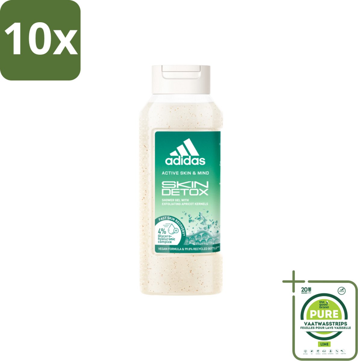 10 x Adidas – Douchegel – Active Skin & Mind Skin Detox – 250 ml - Grootverpakking - Douchegel - Huidverzorging - Detox - Exfoliatie - Abrikozenpit
