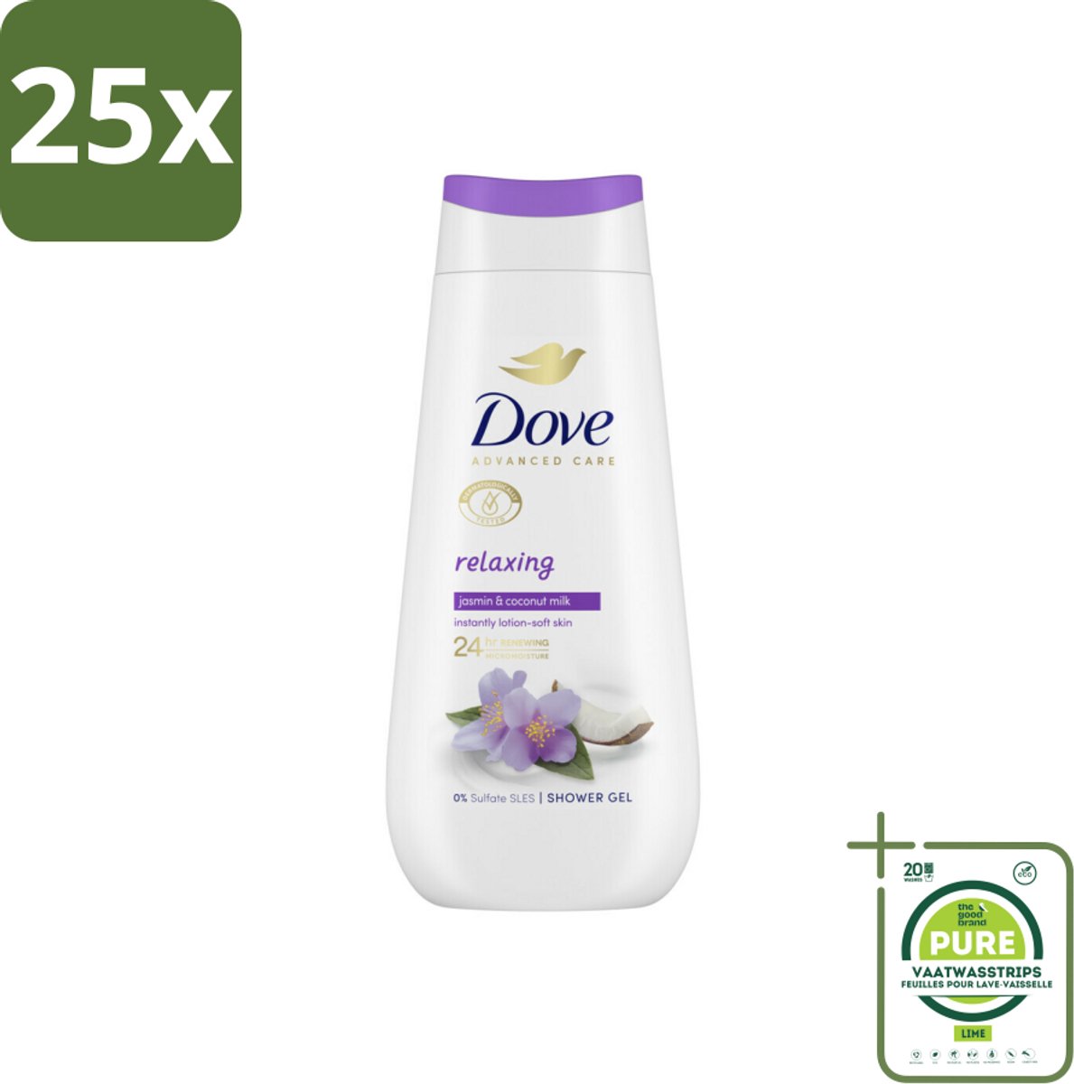 25 x Dove Douchecrème - Relaxing - Kokos & Jasmijn - 225 ml - Grootverpakking - Douchegel - Verzorgend - Hydraterend - Jasmijn - Kokosmelk