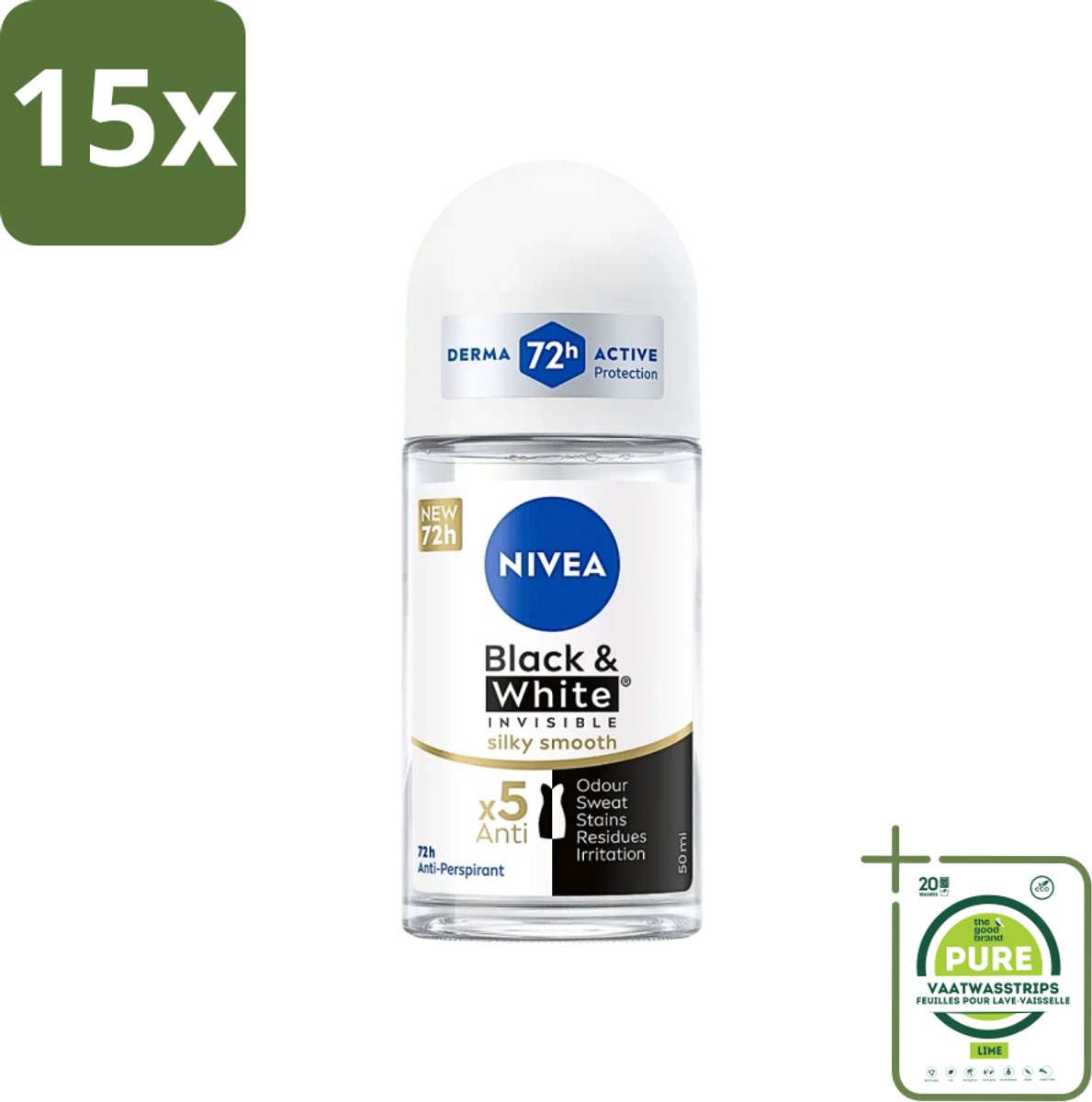15 x NIVEA - Deodorant Roller - Zwart & Wit Zijdezacht - Anti-Transpirant - 50 ml - Grootverpakking - NIVEA Deodorant - Deodorant Roller - Anti-vlek Deodorant - Deodorant Voor Dames - Langdurige Frisheid