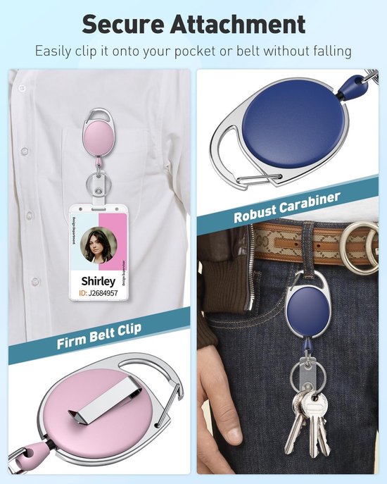 Set van 3 Oprolbare Badge Reel voor Badgehouder in Roze, Blauw en Zwart - Duurzaam en Sterk met RVS Veer, 24 Inch Nylon Touw en Karabijnhaak — afbeelding 4
