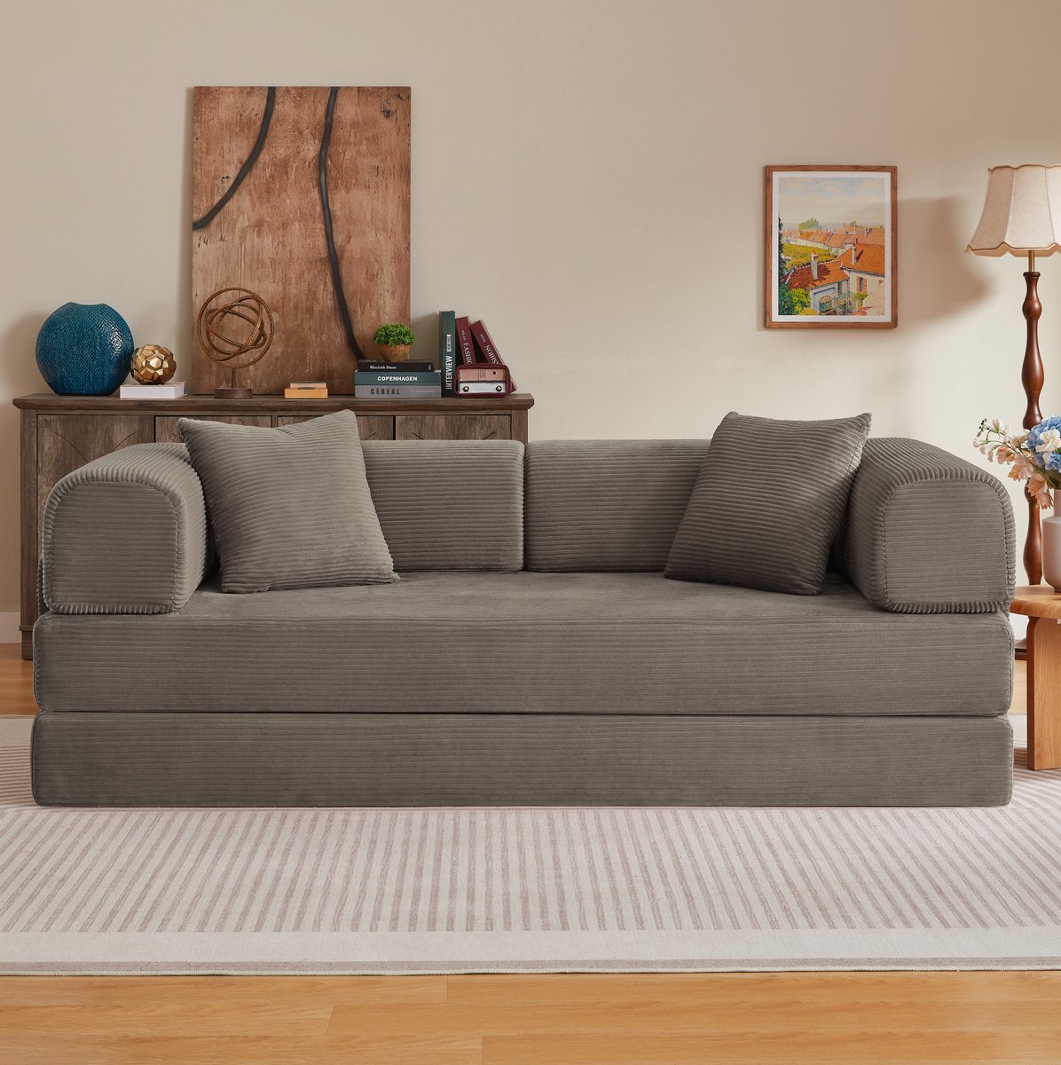 FloraGrace Slaapbank – 3-Zits Bodembank Met 2 Kussens En Stalen Frame – In Corduroy – Voor Woonkamer En Slaapkamer – Taupe