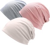 Set van 3 Dames Beanies, Ademend Hoofdbedekking voor Chemotherapie | Dunne Katoenen Slaapmuts voor Yoga, Slapen en Dagelijks Gebruik (Roze, Beige, Grijs)