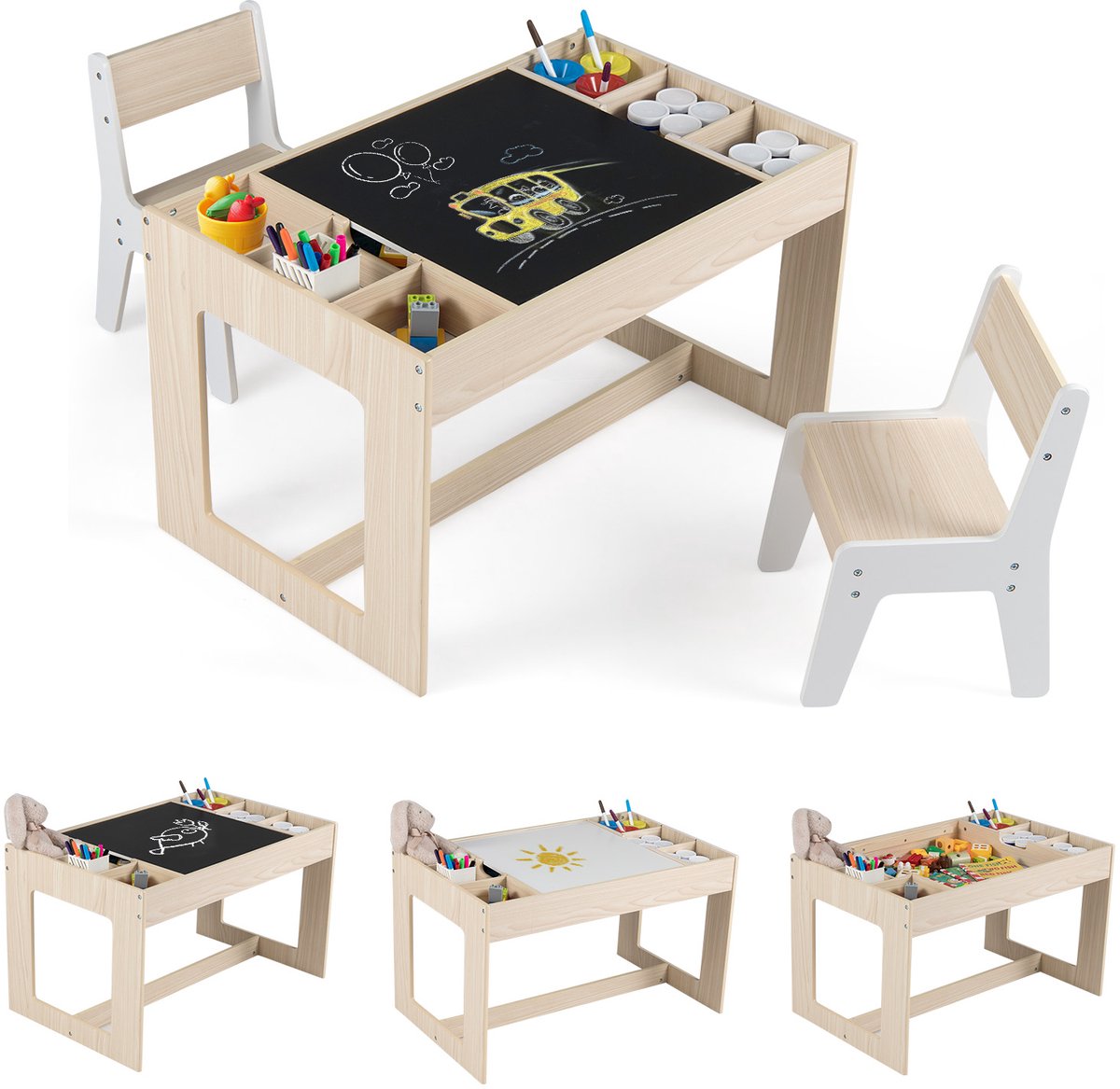 COSTWAY 3-in-1 kindertafel met 2 stoelen, kinderzitgroep met opbergruimte, kindertafelstoelset met omkeerbaar tafelblad en afneembare scheidingswanden, knutseltafel, schildertafel voor kinderen vanaf