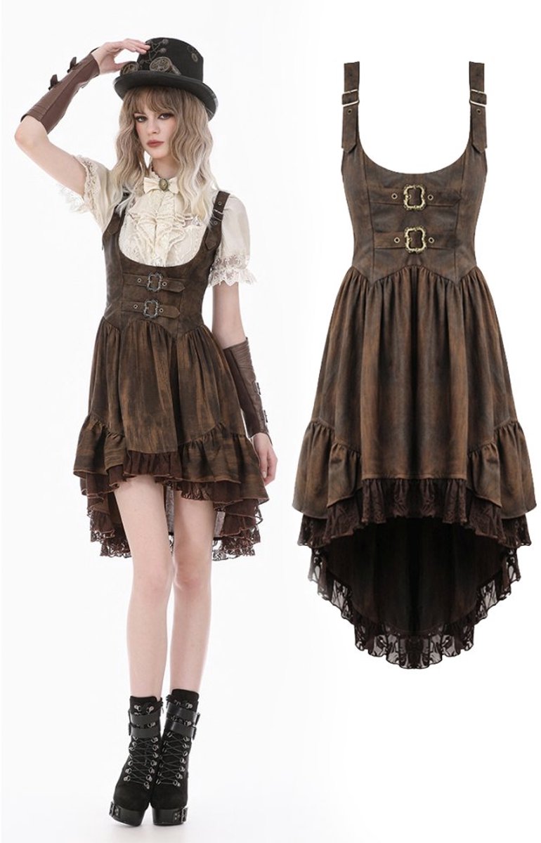 Dark in Love - Steampunk Vintage TieDye Leather Patchwork Lace High low jurk - M - Bruin