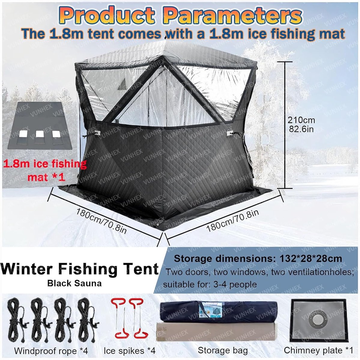 Draagbare Saunatent - Outdoor Sauna Tent - Ontspannen Buiten - 3-Laags Thermische Isolatie - 3-4 Personen - Zwart thumbnail 6
