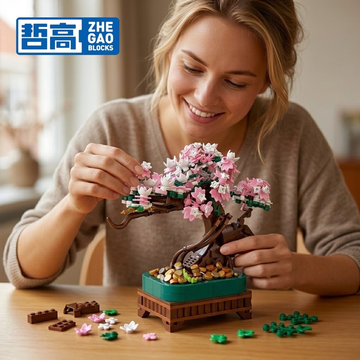 Zhe Gao 99138 Japanse 3 in 1 bloemen plantje bouwset | Botanical Bonsai | Sakura Flowers Collection | Classic Creator STEM speelgoed bouwpakket voor volwassenen en kinderen | Decoratie modelbouw niet geschikt voor lego | Bouwdoos met 700 bouwstenen — afbeelding 6