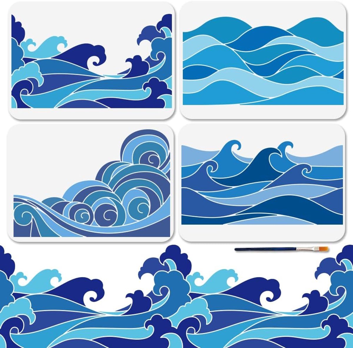 SnelShoppen - 4 Stuks Ocean Waves Sjablonen Herbruikbaar voor Schilderen 29.7x21 cm Zee Spray Kunst Craft Templates met Kwast voor Ramen Houten Wanden