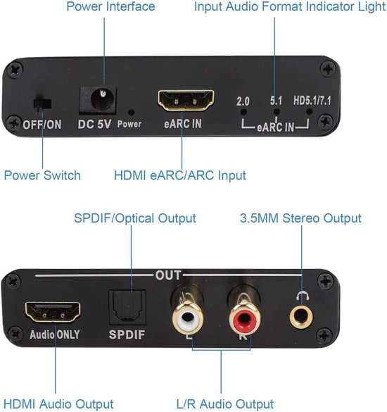 SnelShoppen - EARC & Arc Audio Extractor HDMI, Geluidsconverter tot 720p, Optisch, 3.5mm Aux, Voor TV, Versterker, Thuisbioscoop, Soundbar, Hoofdtelef van Snelshoppen — afbeelding 4