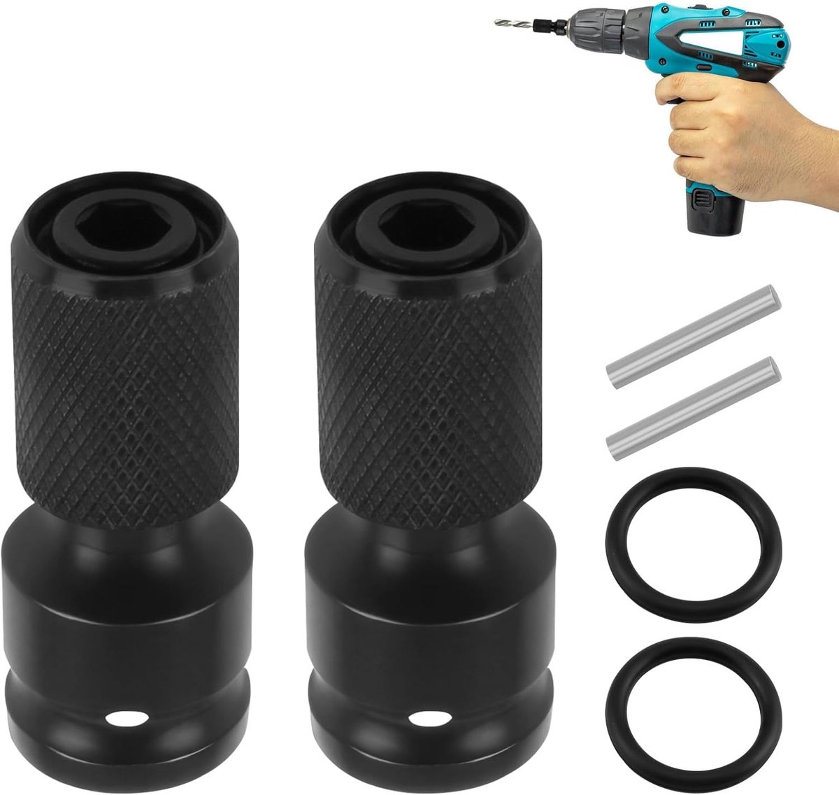 SnelShoppen - 2 Stuks Steeksleutel Adapter Set, 1/2 Inch Vierkante Aandrijving op 1/4 Inch Hex Shank, Impactsleutel, Adapter voor Impactsleutel, Zwart