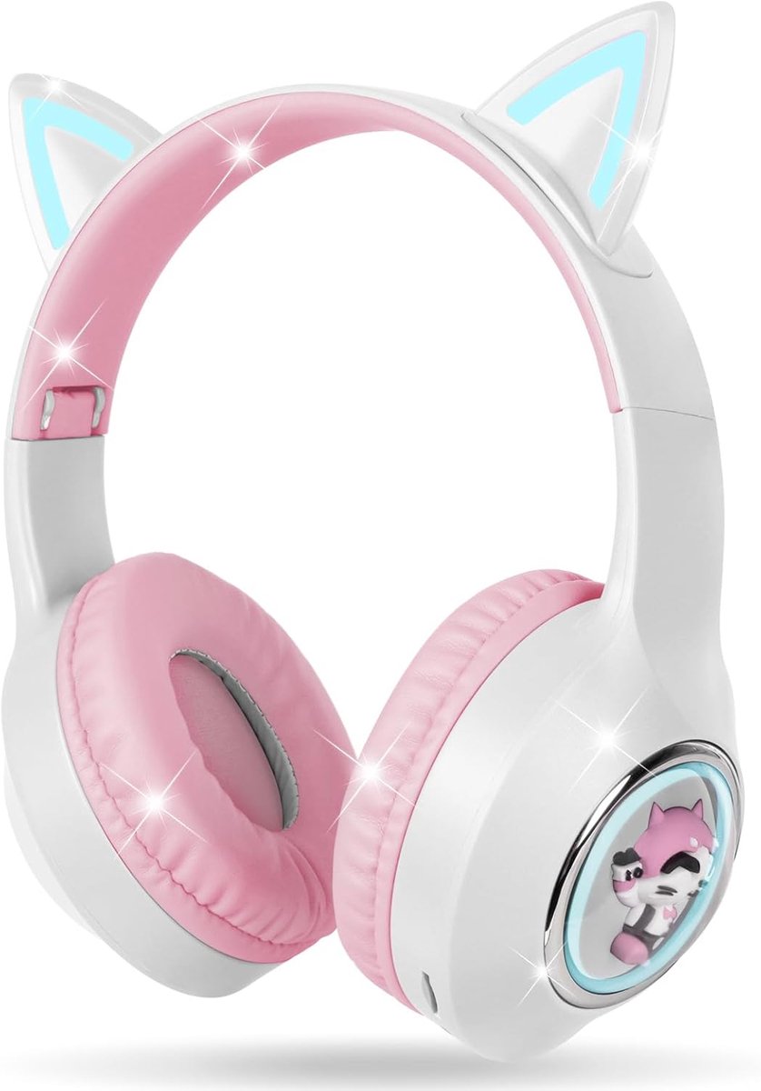 SnelShoppen - Draadloze Kinder Koptelefoon met Kattenoren, Bluetooth 5.3 Over Ear Hoofdtelefoon met LED Lichten, Vouwbaar en Geschikt voor PC, Telefoo