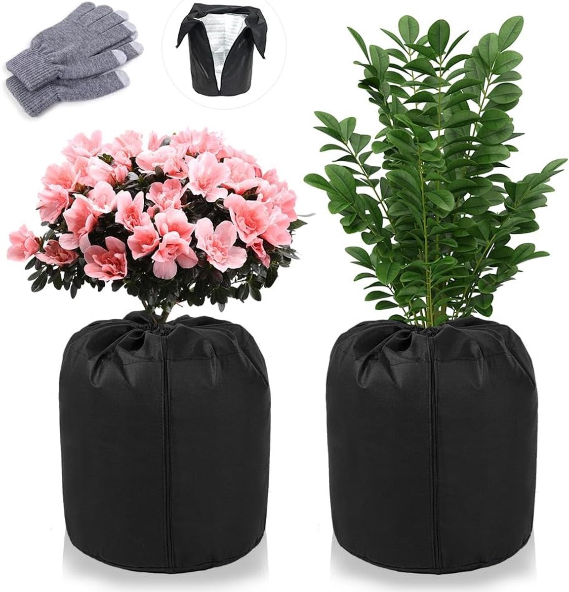 SnelShoppen - Winterbescherming voor Planten, 2 Stuks, Thermische Potbescherming voor Bloempotten, Vorstbescherming met Trekkoord, Zwart, 50x45 cm