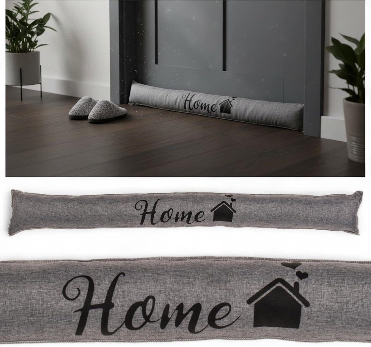 SnelShoppen - Tochtstopper Deurrol 90 x 10 cm Met Zandvulling - Isolatie Tegen Kou en Lawaai - Lichtgrijze Deurstopper Met Home-Opschrift - Polyester