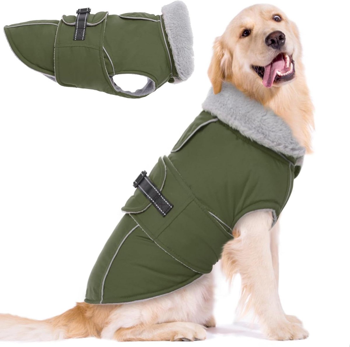 Hondenjas Winter - Hondenvest Warm - Hond Uitlaten - Reflecterende Strepen - 3XL - Legergroen