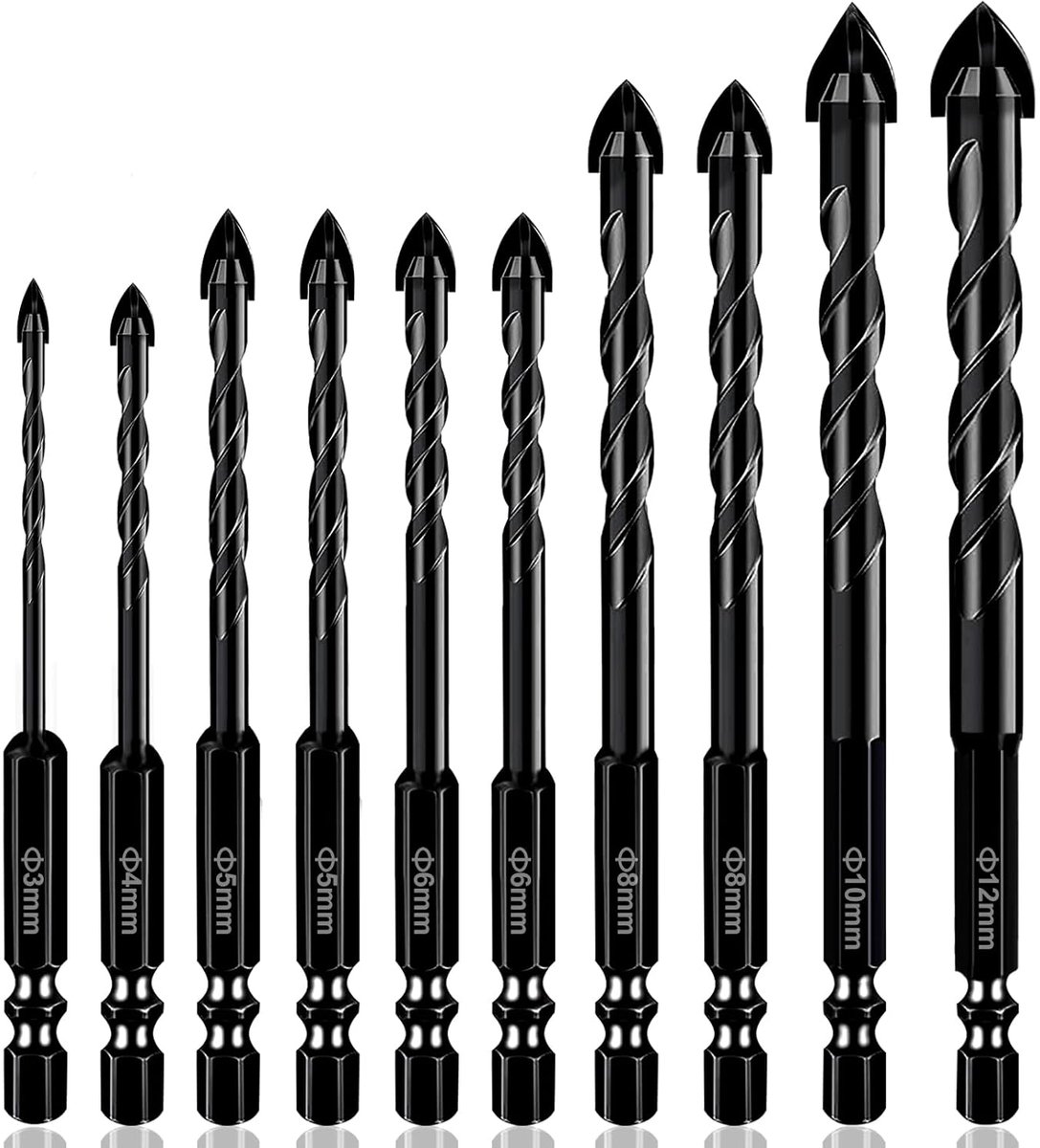 SnelShoppen - Flintronic Tegelboor Set 10 Stuks, Professionele Boor voor Tegels, Keramiek, Glas, Kunststof, Hout, Hard Materiaal, Hexaansluiting, Diam