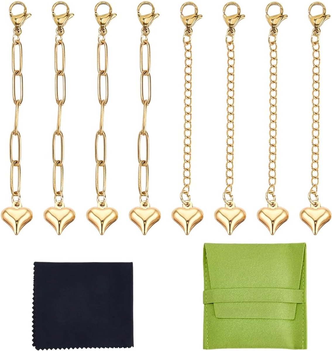 SnelShoppen - 8-delige gouden kettingverlengers met 3D hart charme, roestvrij staal, verlengkettingen voor sieraden maken, ideaal voor kettingen, armb
