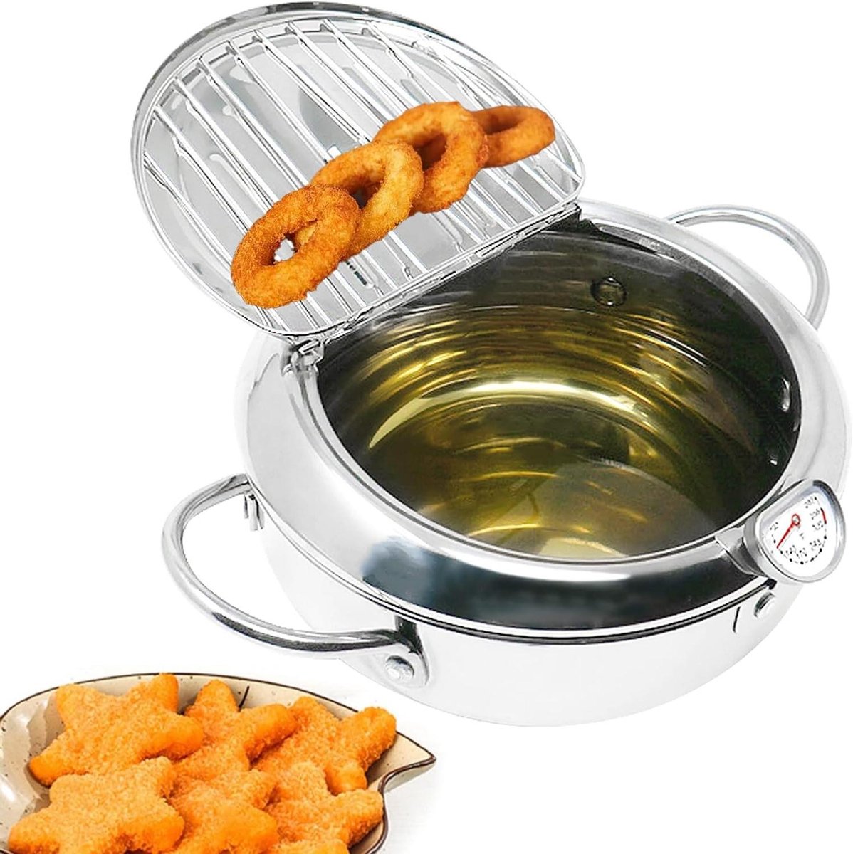 Frituurpan met Thermometer - Japanse Friteuse - Thuis Frituren - Dubbele Capaciteit - 3.2L - Zilver