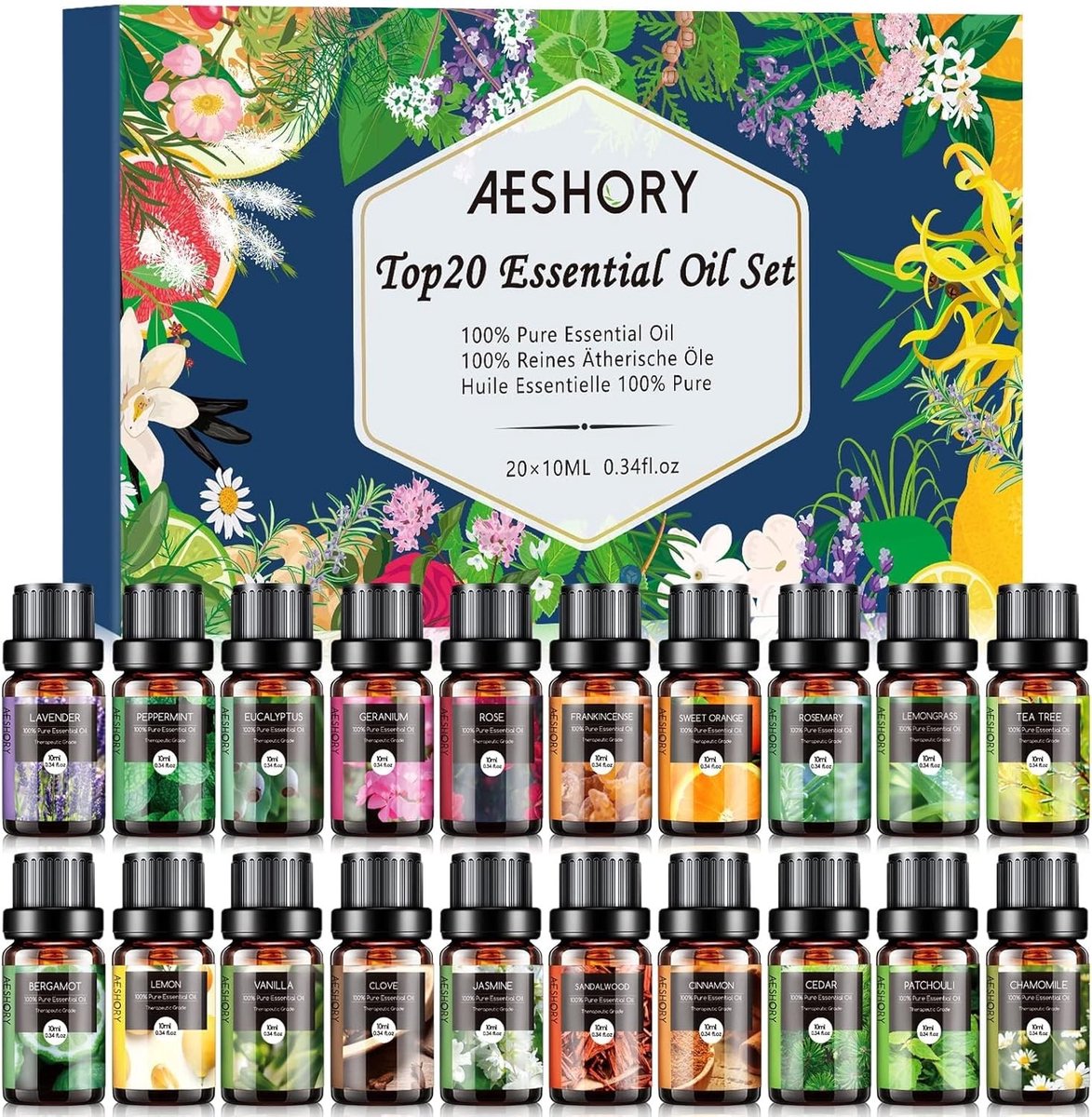 Set van 20 x 10ml Essentiële Olie voor Diffuser - 100% Pure en Natuurlijke Aromatherapie voor Sauna, SPA, Massage en Bad - Perfecte Cadeaubox voor Aromatherapie Fans