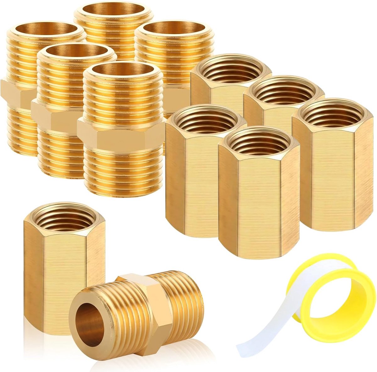 Brass dubbele nippel 1/2 inch - 12 stuks - Mannelijk en vrouwelijk schroefdraad - Ideaal voor gas- en waterverbindingen - ShopVlot