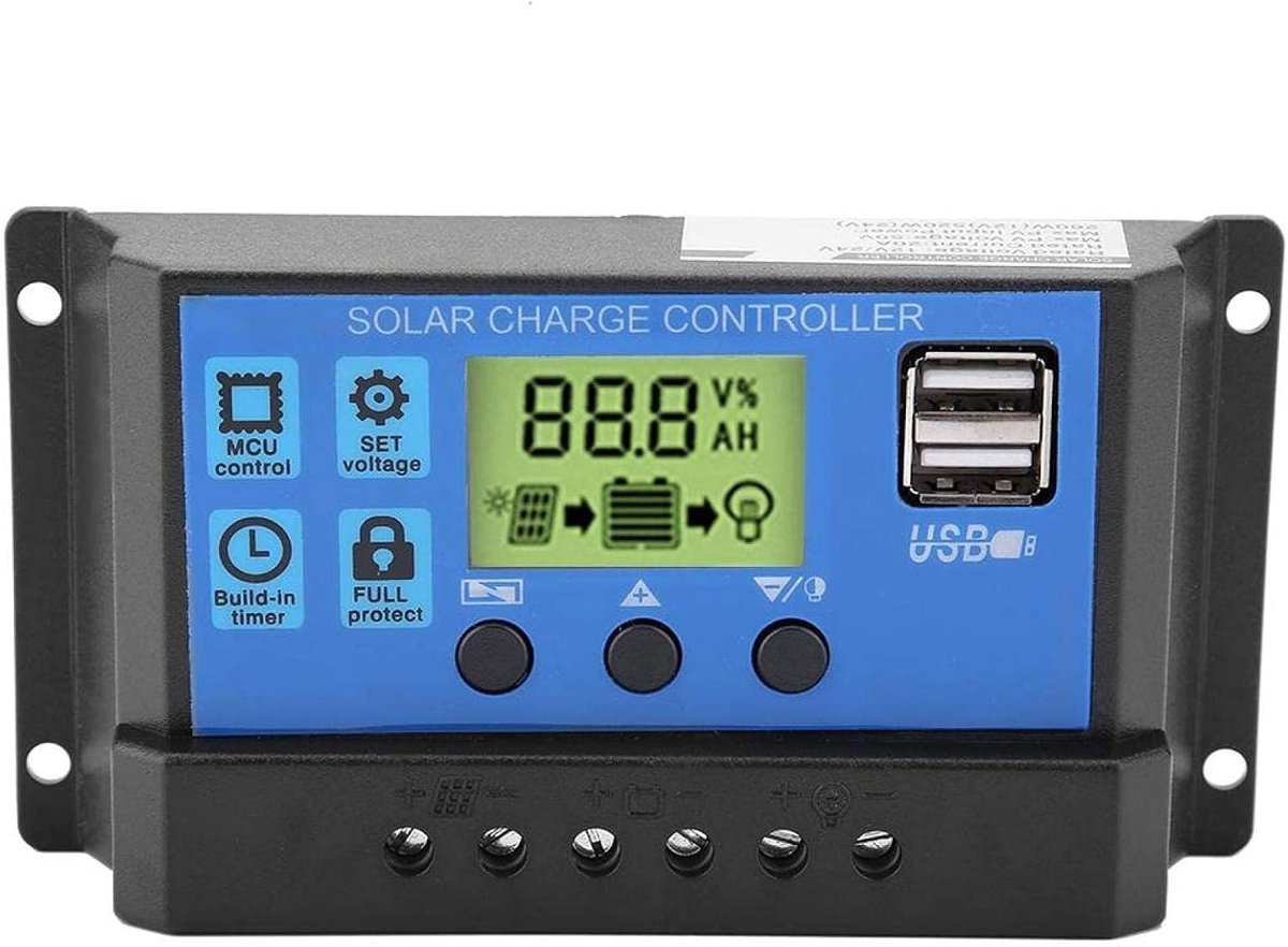 SnelShoppen - PWM 12V/24V Dual USB Zonnepaneel Laadcontroller met LCD Display 10A/20A/30A - Slimme Accu Controller voor Camping, Tuin en Recreatie
